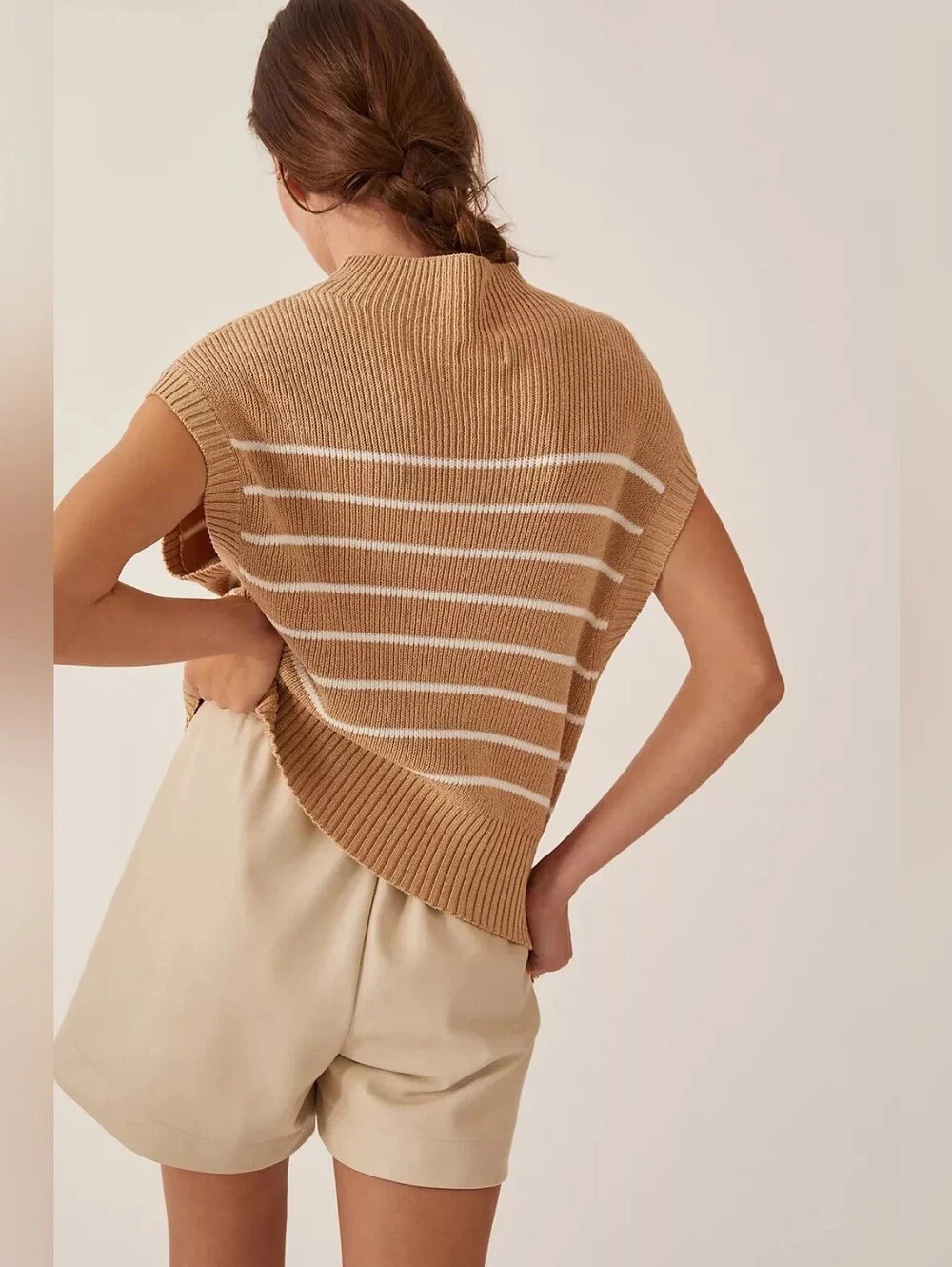 Anthropologie Beige & White Striped Sleeveless Knit Vest-Amara-mock-neck-S
